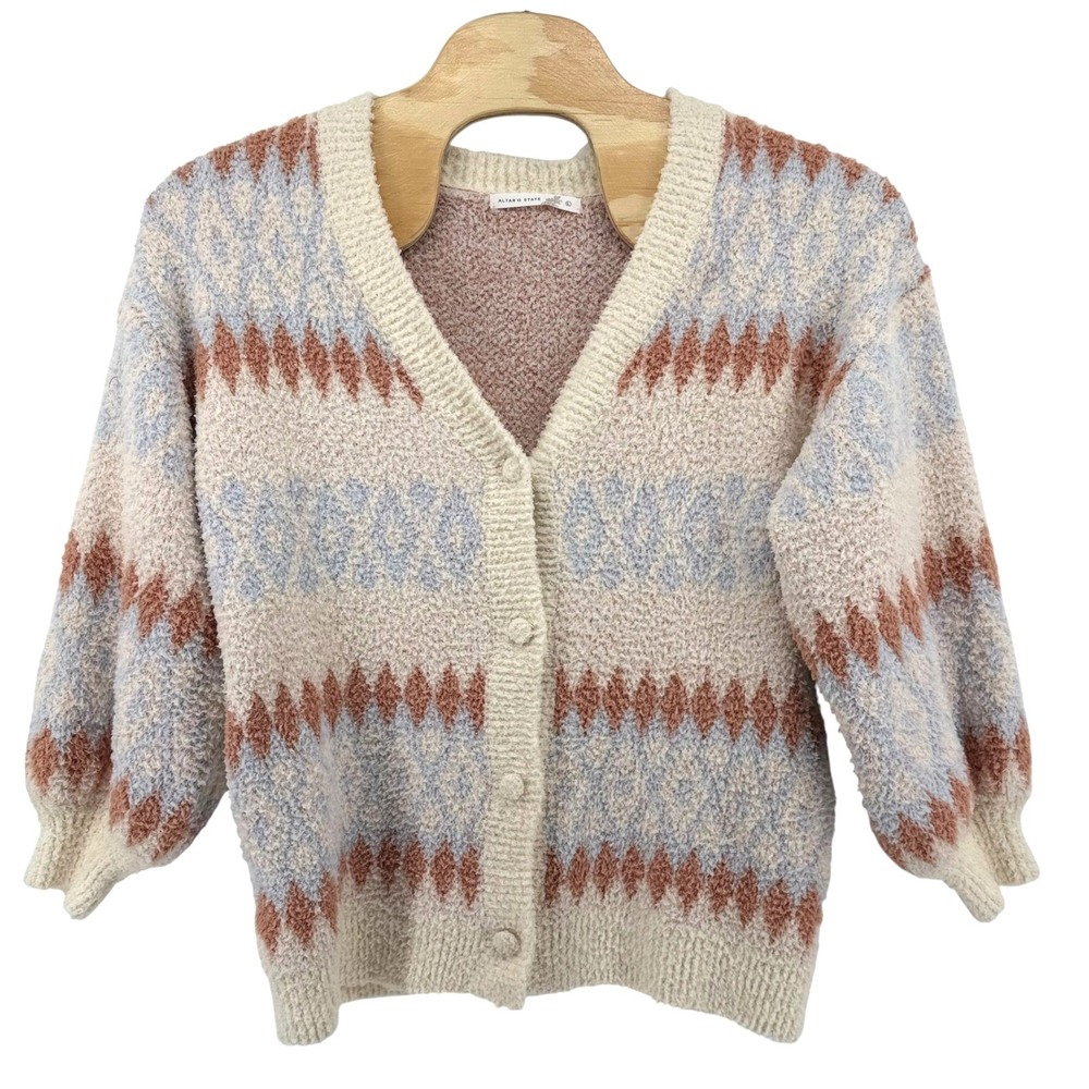 Altar'd State Womens Argyle Fuzzy Knit Cardigan Balloon Sleeve Cream Blue L NEW